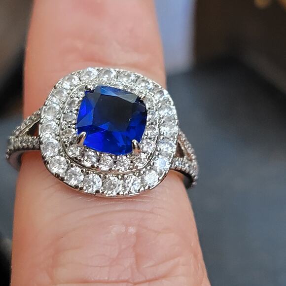 Rhodium Plated Simulated Sapphire Halo Ring - Size 7 - Double Halo Brilliance - Picture 9 of 11